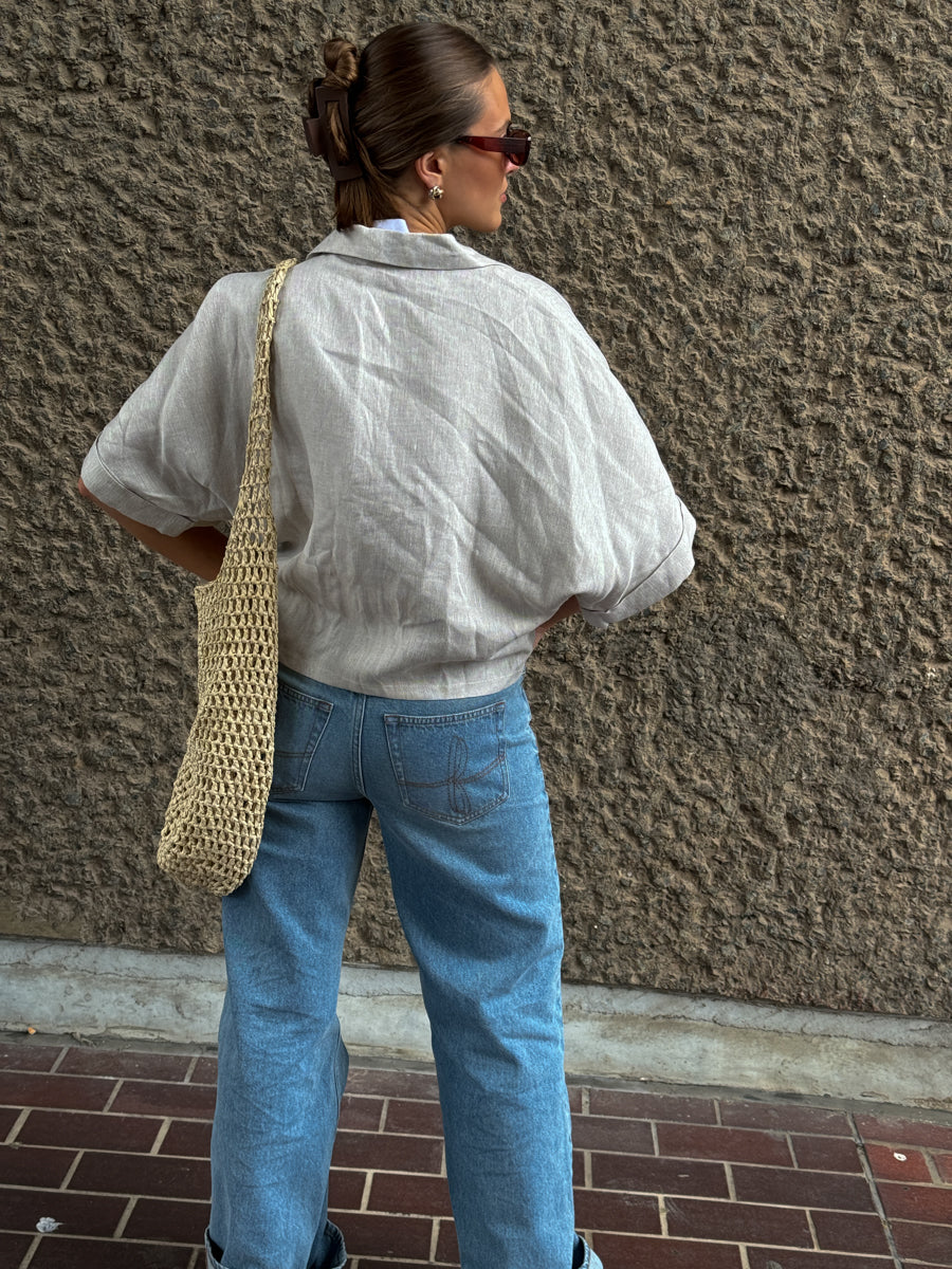 Warm-toned Grey Linen Button Up Shirt - Size 10