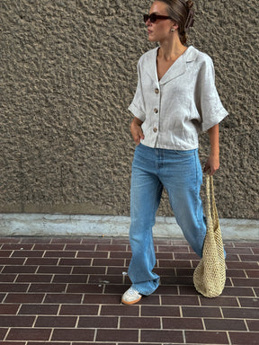 Warm-toned Grey Linen Button Up Shirt - Size 10