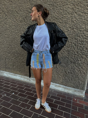 High Waisted Upcycled Multiple Stripe Wool Shorts in Blue Denim