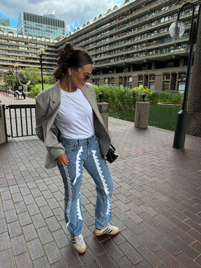 High Waisted Upcycled White Trim Jeans in Blue Denim