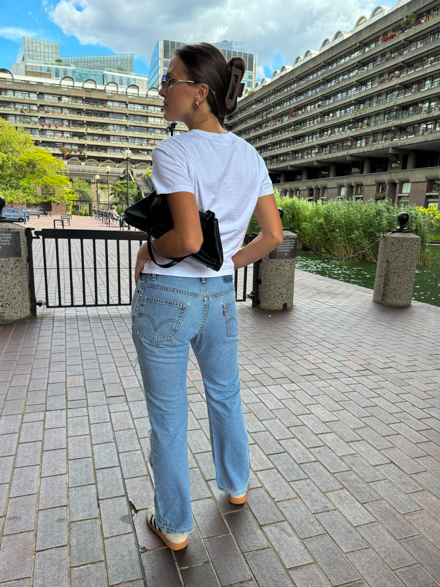 High Waisted Upcycled White Trim Jeans in Blue Denim