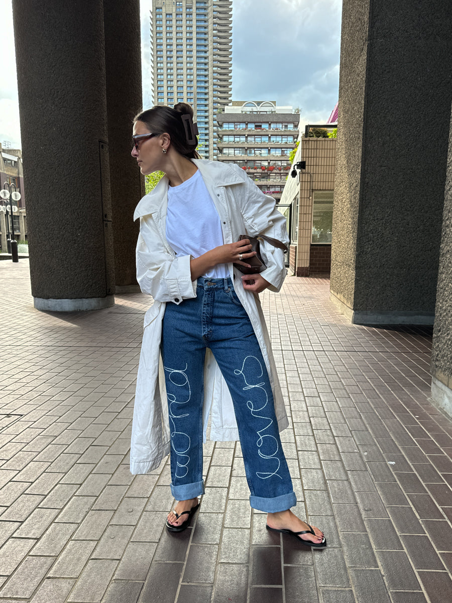 "World Lovers" Embroidered Jeans in Blue Denim