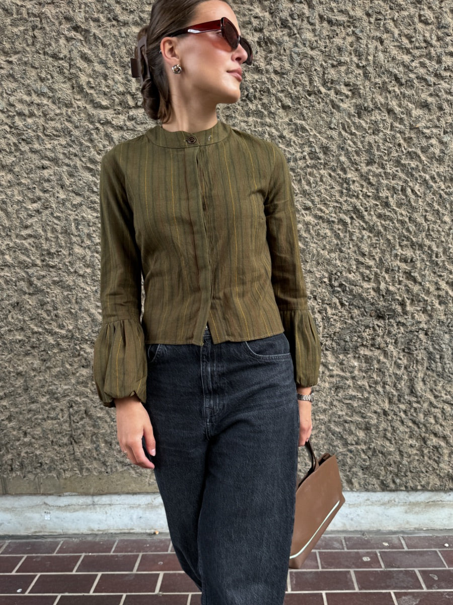 Fanfare Volume Cuff Top Dark Green Long Sleeved Stripe Top