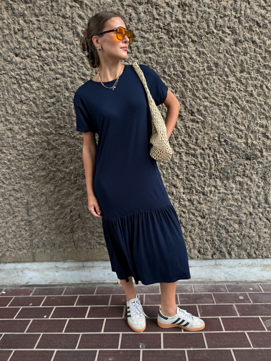 Organic Cotton Navy Drop waist jersey dress, loose fitting t-shirt dress made by sustainable clothing brand Fanfare Label