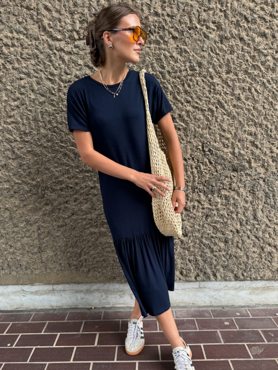 Organic Cotton Navy Drop waist jersey dress, loose fitting t-shirt dress made by sustainable clothing brand Fanfare Label