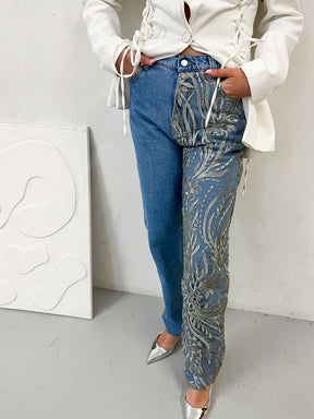 Rita High Waisted Organic Mom Fit Sparkle Jeans Silver