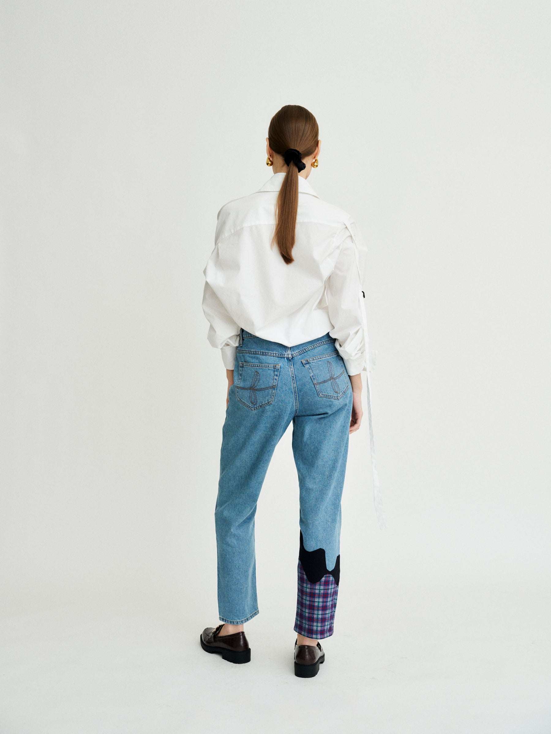 Bobby Melt Plaid High Waisted Organic Mom Fit Patchwork Jeans