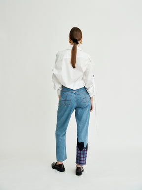 Bobby Melt Plaid High Waisted Organic Mom Fit Patchwork Jeans