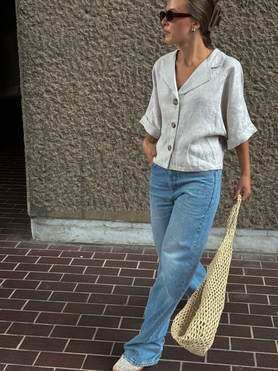 Warm-toned Grey Linen Button Up Shirt - Size 10