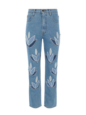 High Waisted Organic & Recycled Upcycled Denim Leaf Blue Jeans