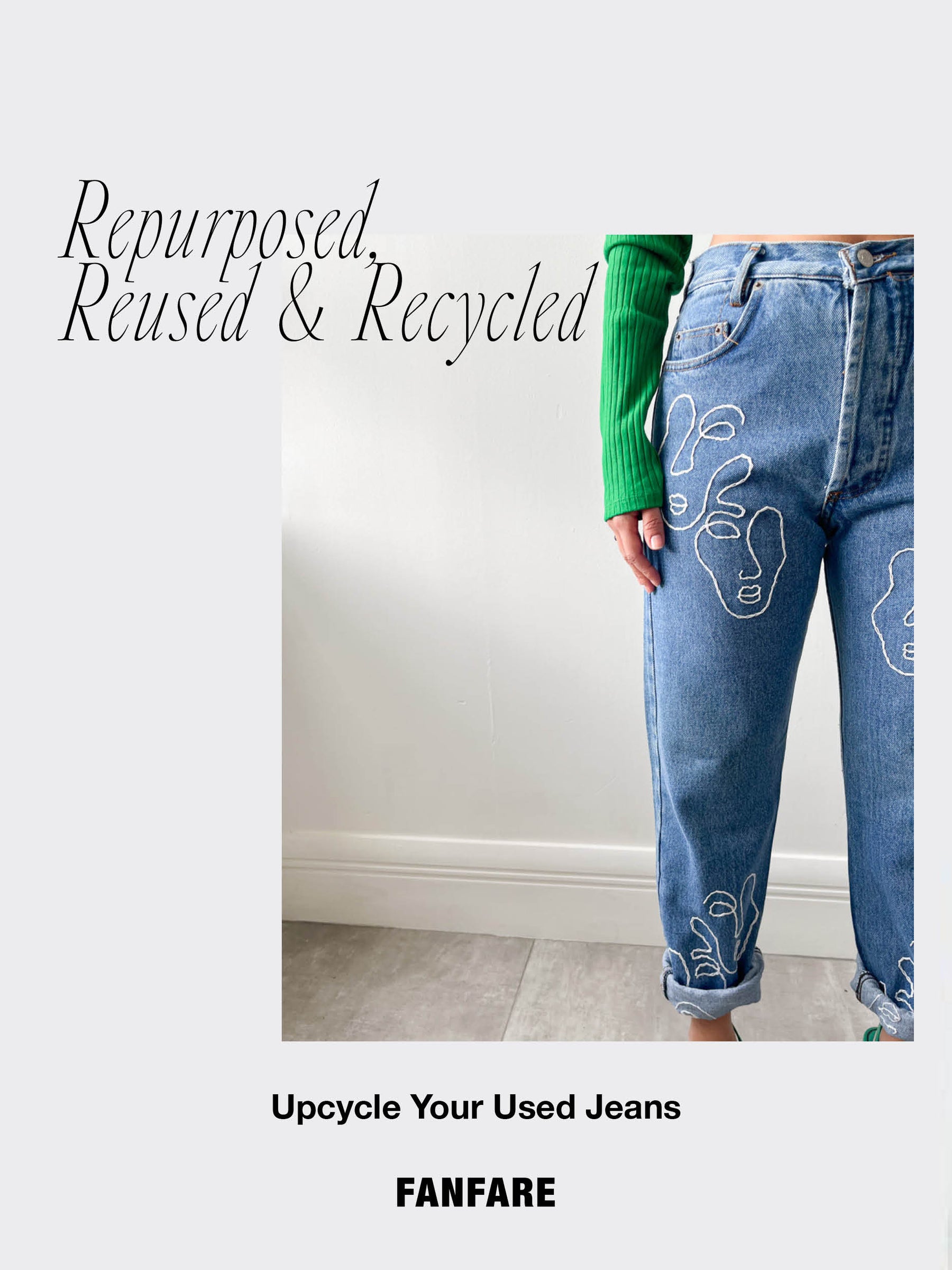 Send us your worn-out jeans and we’ll repair and upcycled them to give them a second chance in your wardrobe. We can embroider any pattern, any writing, or even paint artwork directly onto the jeans to create a style that is completely unique to you. Produced by Fanfare Label, a contemporary sustainable womenswear brand.