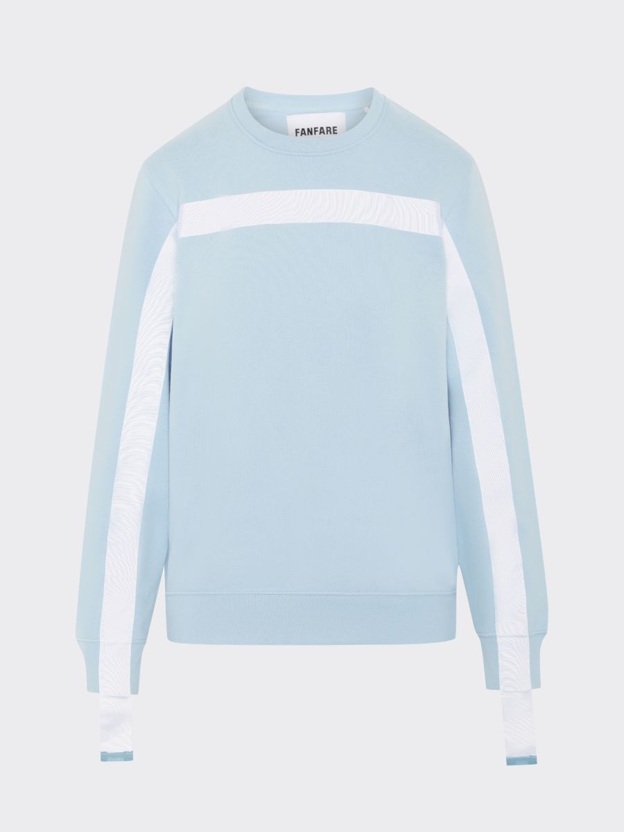 100% Gots certified organic cotton jumper in blue with a white stripe across the chest & down the arms. Made by sustainable clothing brand Fanfare Label.