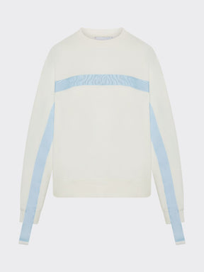 100% Gots certified organic cotton jumper in white with an blue stripe across the chest & down the arms. Made by sustainable clothing brand Fanfare Label.