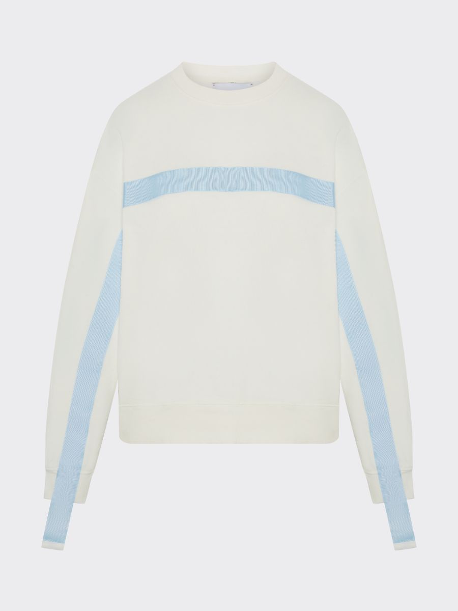 100% Gots certified organic cotton jumper in white with an blue stripe across the chest & down the arms. Made by sustainable clothing brand Fanfare Label.
