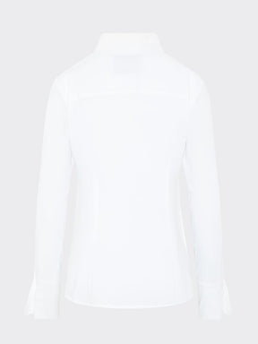 Organic Cotton White Shirt made in the UK by sustainable women's clothing brand Fanfare. This white shirt is long line, slim fit & has a detachable black printed triangle on the front.