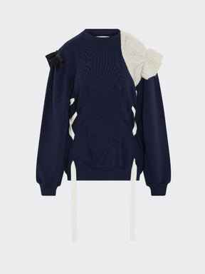 Organic Cotton Navy Oversized Jumper with White Ties made by Fanfare Label in the UK