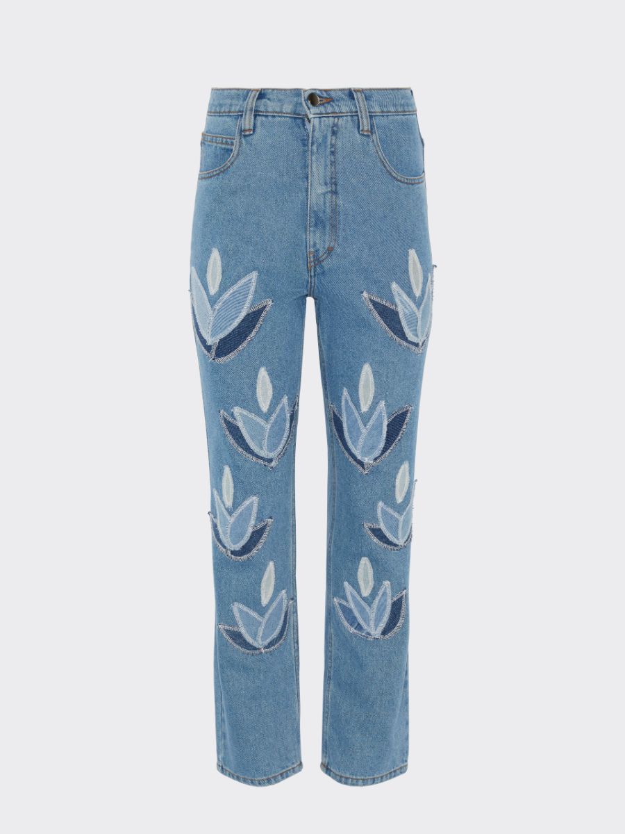 High Waisted Organic & Recycled Upcycled Denim Leaf Jeans