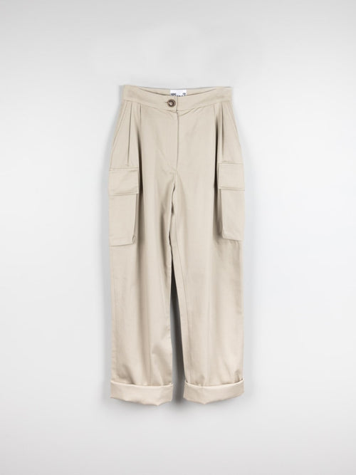 Organic Cotton Utility Cargo Pant With Buckles In Beige | Fanfare Label