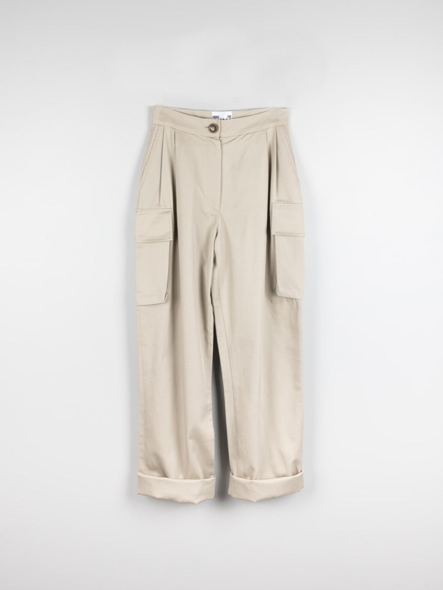 Organic Cotton Beige Utility Cargo Pant with two side pockets & buckles on the ankles. Sustainably made in the UK by ethical clothing brand Fanfare Label 