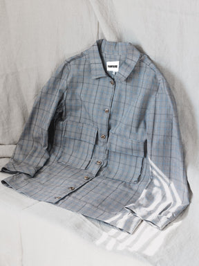 Check oversized shirt suit jacket with larger pockets on the front,  made from cotton. Designed & made in the UK by sustainable clothing brand Fanfare Label