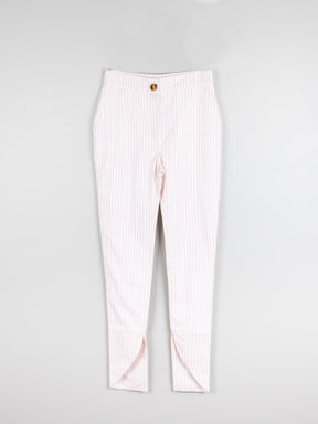 100% Organic Cotton Red & White Stripe Skinny Trousers with a cutaway ankle cuff. Created by Fanfare Label, contemporary sustainable womenswear brand.