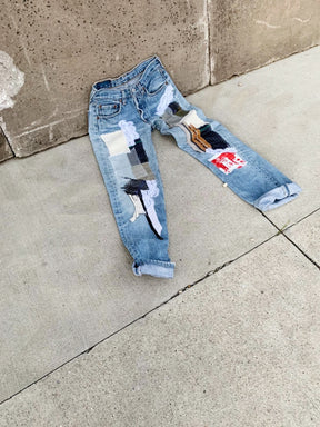 High Waisted Recycled Fully Patchwork Jeans, Blue Denim made by Fanfare Label