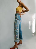 High Waisted Recycled Colourful Asymmetrical Embroidery Blue Jeans