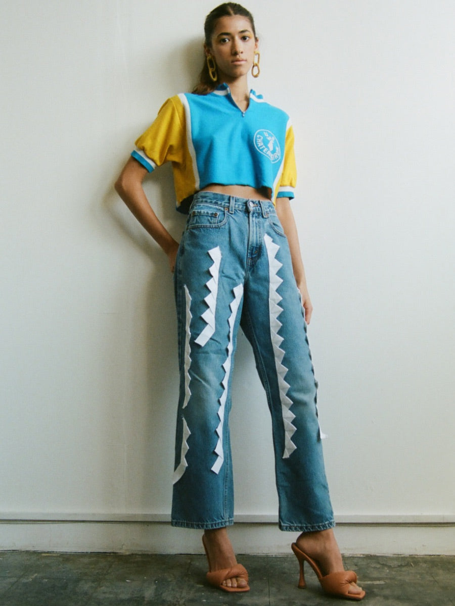 High Waisted Recycled White Trim Jeans, Blue Denim | Fanfare Label