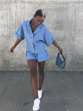Women's Linen Shirt & Shorts Co-Ord Set in Blue | Fanfare