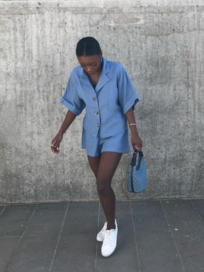 Women's Linen Shirt & Shorts Co-Ord Set in Blue | Fanfare