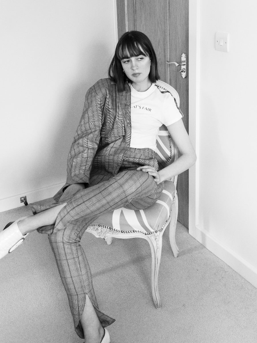 Check skinny suit trouser with ankle cut away detailing, high waisted and made from cotton. Designed & made in the UK by sustainable clothing brand Fanfare Label