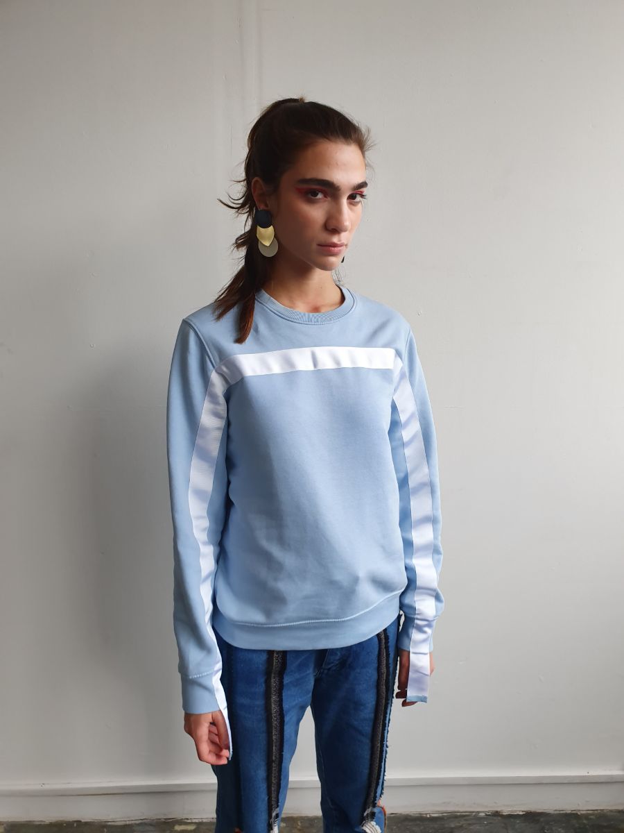 100% Gots certified organic cotton jumper in blue with a white stripe across the chest & down the arms. Made by sustainable clothing brand Fanfare Label.