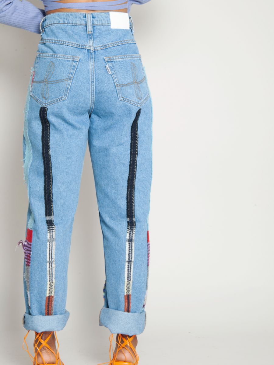 High Waisted Organic & Recycled Stripe Wool Blue Jeans