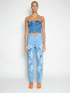 Women's High Waist Blue Jeans | Floral Embroidery | Sustainable | Fanfare