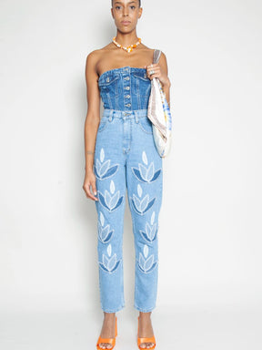 Women's High Waist Blue Jeans | Floral Embroidery | Sustainable | Fanfare