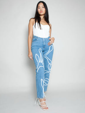 Women's High Waist Blue Jeans | Floral Trim | Sustainable|  Fanfare