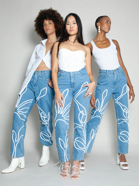 Women's High Waist Blue Jeans | Floral Trim | Sustainable|  Fanfare