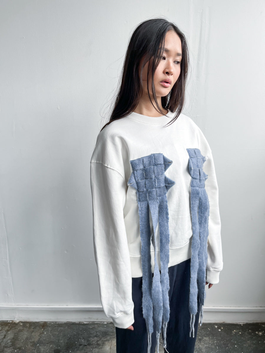 Organic Cotton White Oversized Jumper with Cross Patterned Trim