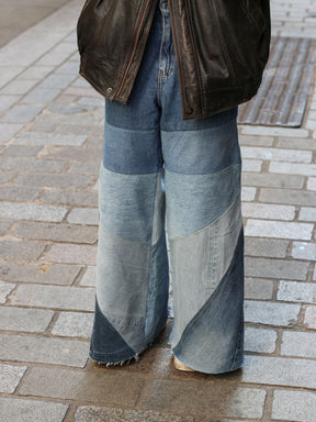 High Waisted Upcycled Oversized Flare Jean, Blue Denim