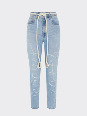 Upcycled jeans embroidered with the words 'Mother Earth'. A one-of-a-kind designer piece handmade in the UK by sustainable womenswear brand Fanfare in our ethical London factories.