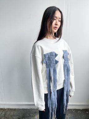 Women's White Oversized Jumper with Patterned Trim | Organic Cotton | Fanfare