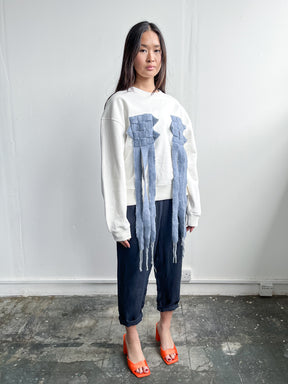Women's White Oversized Jumper with Patterned Trim | Organic Cotton | Fanfare
