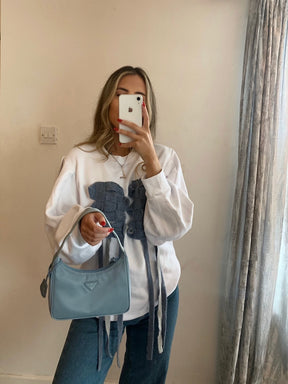Women's White Oversized Jumper with Patterned Trim | Organic Cotton | Fanfare