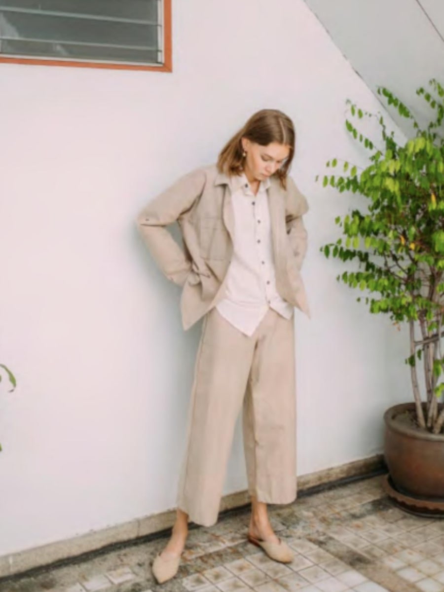 Ethically made brushed cotton beige shirt. Our sustainable linen look co-ord set is perfect for any occasion and can be dressed up or down.  Fanfare Label
